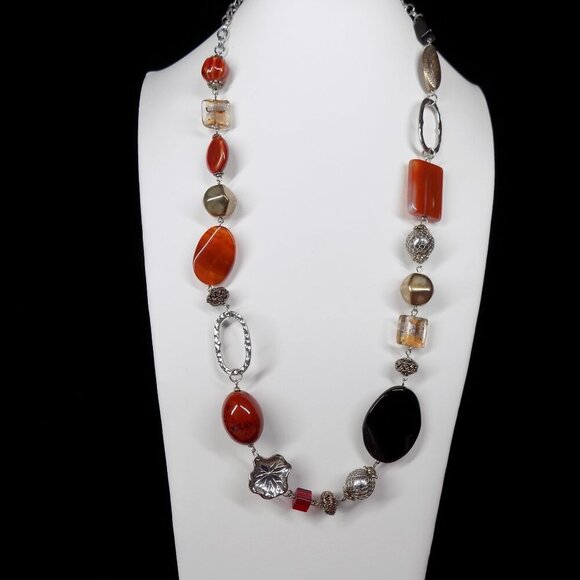 Premier Designs Long Necklace Black Orange Carnelian Agate Gemstone Silver-tone - Picture 2 of 13